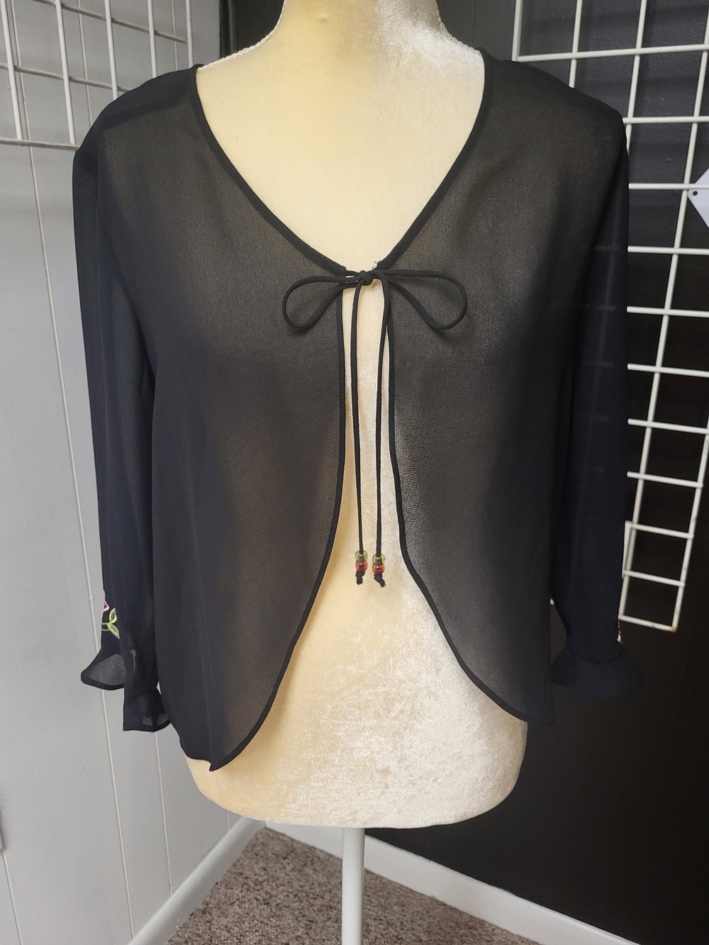 Virgo Black Sheer Tie-Front Top, Size 8